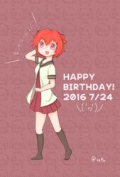  ahoge akaza_akari commentary_request double_bun female hair_bobbles hair_bun hair_ornament happy_birthday highres red_hair sakumochi_(pixiv4431677) solo twitter_username yuru_yuri 