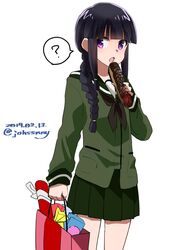  ? bag black_hair blunt_bangs braid commentary_request dated eclair_(food) female green_sailor_collar green_serafuku green_skirt hair_over_shoulder highres johssnny kantai_collection kitakami_(kancolle) long_hair open_mouth pleated_skirt purple_hair sailor_collar school_uniform serafuku shopping_bag sidelocks single_braid skirt solo spoken_question_mark standing twitter_username 