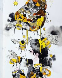  bee beehive black_hair bug commentary english_commentary female from_side half-closed_eyes highres honey honeycomb_(pattern) index_finger_raised long_sleeves maruti_bitamin original oversized_insect painting_(medium) profile short_hair striped traditional_media upper_body watercolor_(medium) wings 