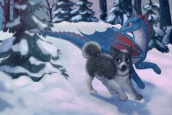  blue_eyes canid canine canis collaboration day detailed_background digital_media_(artwork) domestic_dog dragon duo feral horn izabella mammal membrane_(anatomy) membranous_wings mythological_creature mythological_scalie mythology outside paws red_eyes scalie shaded snow spines standing tail wings yana-r 