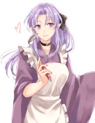  apron banned_artist bow braid caster choker fate/stay_night fate_(series) hairbow japanese_clothes kimono ladle long_hair maid_apron orii_(orii_i) pointy_ears purple_eyes purple_hair side_braid solo wa_maid 