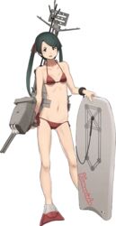  bad_anatomy bare_shoulders bikini bodyboard breasts female flippers full_body green_eyes green_hair gun hair_ribbon holding holding_gun holding_weapon kantai_collection long_hair looking_at_viewer machinery mikuma_(2016_swimsuit_mode)_(kancolle) mikuma_(kancolle) navel official_art open_mouth parody radio_antenna red_bikini ribbon shibafu_(glock23) small_breasts solo surfboard_leash swimsuit tachi-e transparent_background turret twintails weapon 