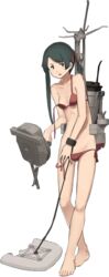  bad_anatomy bare_shoulders barefoot bikini bodyboard breasts broken collarbone defeat female flippers full_body green_eyes green_hair gun hair_ribbon holding holding_gun holding_weapon kantai_collection long_hair looking_at_viewer machinery mikuma_(2016_swimsuit_mode)_(kancolle) mikuma_(kancolle) navel official_art open_mouth parody red_bikini ribbon shibafu_(glock23) side-tie_bikini_bottom small_breasts solo standing surfboard_leash swimsuit tachi-e torn_clothes transparent_background turret weapon 