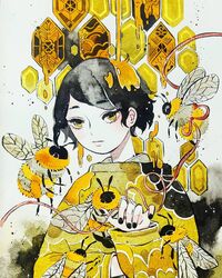  bee black_hair black_nails bug clover commentary english_commentary expressionless female four-leaf_clover hexagon highres honey limited_palette long_sleeves looking_at_viewer maruti_bitamin nail_polish original oversized_insect painting_(medium) short_hair solo traditional_media upper_body watercolor_(medium) wings yellow_eyes 