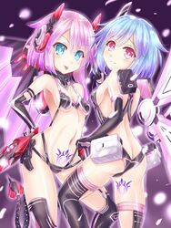  2girls :p armpits ass bare_shoulders blue_eyes blue_hair blush breasts butt_crack cleavage commentary_request cowboy_shot demon_tail duplicate elbow_gloves gloves hair_between_eyes hand_on_own_ass headgear highres kazuneko_(wktk1024) leg_tattoo looking_at_viewer looking_back mechanical_tail mechanical_wings medium_hair multiple_girls navel nepnep_connect:_chaos_chanpuru neptune_(series) pink_eyes pink_hair pixel-perfect_duplicate power_symbol power_symbol-shaped_pupils pubic_tattoo ram_(neptunia) revealing_clothes rom_(neptunia) siblings sideboob sisters small_breasts symbol-shaped_pupils tail tattoo thighhighs tongue tongue_out twins white_sister_ram white_sister_ram_(chaos_form) white_sister_rom white_sister_rom_(chaos_form) wings 