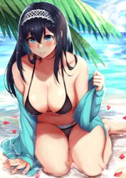  absurdres bikini black_hair blue_eyes blush breasts cleavage commentary_request female hairband highres idolmaster idolmaster_cinderella_girls kusahagane large_breasts leaning_forward lens_flare long_hair looking_at_viewer ocean outdoors sagisawa_fumika solo sparkle swimsuit wet 