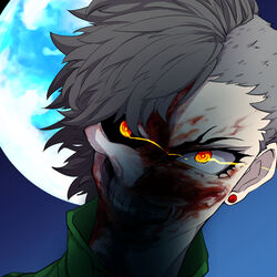  1boy bad_id bad_pixiv_id black_sclera blood blood_on_face colored_sclera crazy_eyes crazy_smile ear_piercing glowing glowing_eyes light_trail male_focus moon nanashi_(megami_tensei) orange_eyes piercing shin_megami_tensei shin_megami_tensei_iv shin_megami_tensei_iv_final shiso_(ryouran315) skull smile solo split_theme teeth 