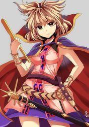  bad_id bad_twitter_id blush bracelet breasts brown_eyes brown_hair cape closed_mouth commentary_request cowboy_shot dated earmuffs female jewelry looking_at_viewer medium_breasts one-hour_drawing_challenge pointy_hair purple_skirt ritual_baton sameya shirt skirt sleeveless sleeveless_shirt smile solo sword touhou toyosatomimi_no_miko weapon 