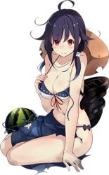  bikini black_hair black_sarong breasts cleavage defeat female food fruit full_body halterneck hat kantai_collection kujou_ichiso lowres medium_breasts official_art print_sarong red_eyes sarong solo straw_hat string_bikini sun_hat swimsuit taigei_(kancolle) torn_clothes torn_sarong transparent_background watermelon 