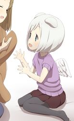  2girls angel_wings animal_ears bad_id bad_pixiv_id black_legwear brown_hair cat_ears centaur_no_nayami closed_eyes commentary_request green_eyes highres knees_together_feet_apart long_hair mitama_suetsumu multiple_girls namamo_(kura) no_tail open_mouth pantyhose purple_shirt shirt short_hair skirt smile stuffed_animal stuffed_toy teddy_bear white_hair wings 