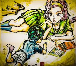  1boy aged_down arnold_(jojo) ashiya_kouhei commentary_request crayon dated female food hairband image_sample jojo_no_kimyou_na_bouken kishibe_rohan lips lolicon lying marker_(medium) on_stomach paper pink_hair pocky school_uniform serafuku sugimoto_reimi traditional_media twitter_sample 