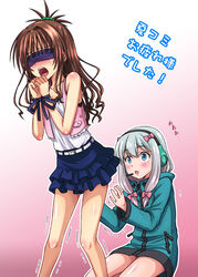  2girls :o aqua_eyes blindfold blue_skirt blush bondage bow brown_hair commentary_request crossover eromanga_sensei frilled_skirt frills gradient_background gradient_hair green_jacket hairbow headset hidaka_toworu izumi_sagiri jacket kneehighs long_hair multicolored_hair multiple_girls open_mouth photoshop_(medium) pink_background pink_bow pink_hair skirt socks standing to_love-ru to_love-ru_darkness translated white_background yuuki_mikan 