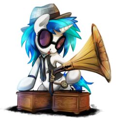  2017 alpha_channel clothed clothing cutie_mark equid equine eyewear female feral fidzfox friendship_is_magic glasses gramophone hair hasbro hat headgear headwear hi_res horn mammal multicolored_hair my_little_pony mythological_creature mythological_equine mythology simple_background smile solo transparent_background two_tone_hair unicorn vinyl_scratch_(mlp) 