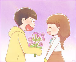  1boy artist_name ayu_(mog) black_hair braid brown_hair closed_eyes commentary_request female flower freckles from_side holding holding_flower hood hood_down jyushimatsu&#039;s_girlfriend matsuno_jyushimatsu open_mouth osomatsu-kun osomatsu-san osomatsu_(series) single_braid sleeves_past_wrists smile sweater tongue yellow_sweater 