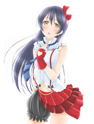  blue_hair blue_necktie bokura_wa_ima_no_naka_de clothing_cutout commentary_request cowboy_shot earrings female fingerless_gloves floating_hair frilled_shirt_collar frills gloves hair_between_eyes hairband half-skirt heart_cutout jewelry long_hair looking_at_viewer love_live! love_live!_school_idol_project navel necktie open_mouth red_gloves red_hairband roaru_(gyuren) shirt simple_background skirt sleeveless sleeveless_shirt solo sonoda_umi standing striped striped_necktie suspender_skirt suspenders very_long_hair white_background white_shirt yellow_eyes 