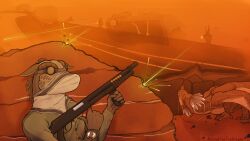  agalia_(bushdog) ambiguous_gender anthro battle clothing compass desert dragon european_mythology eyewear eyewear_on_head fallout female feral goggles goggles_on_face goggles_on_head group gun gunfight gunfire hi_res jumpsuit kerchief male microsoft military_uniform mount mythological_creature mythological_scalie mythology neckerchief neckwear night_stalker_(fallout) post-apocalyptic ranged_weapon reloading sandstorm scalie scraps_(bushdog) shooting shooting_gun shotgun silhouette silhouette_background silhouetted_body tren uniform wasteland weapon western_dragon wyvern 