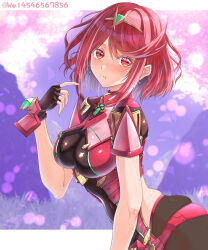  absurdres black_pantyhose blurry blurry_background breasts chest_jewel commentary_request cowboy_shot female highres medium_breasts pantyhose pyra_(xenoblade) red_eyes red_hair red_shorts short_hair short_shorts shorts skin_tight solo tiara twitter_username wade_(njud8343) xenoblade_chronicles_(series) xenoblade_chronicles_2 