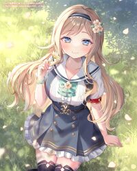  belt black_belt black_thighhighs blonde_hair blue_dress blue_eyes blush bow bracelet breasts character_request closed_mouth collarbone commentary_request day dress female flower gothic_wa_mahou_otome grass green_bow hair_flower hair_ornament hairband highres holding holding_flower jewelry long_hair looking_at_viewer medium_breasts nemuri_nemu official_art outdoors petals sailor_collar shirt short_sleeves smile solo thighhighs white_sailor_collar white_shirt 