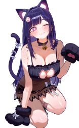  :3 absurdres akuma_nihmune akuma_nihmune_(nyami) animal_collar animal_ears animal_hands bell black_collar black_nightgown black_panties blush breasts cat_cutout cat_ears cat_lingerie cat_tail cleavage cleavage_cutout closed_mouth clothing_cutout collar commentary earrings facial_mark female frilled_nightgown gloves hair_ornament heart heart-shaped_pupils heart_facial_mark highres indie_virtual_youtuber jewelry large_breasts long_hair mark_under_eye mole mole_under_eye ms._tsu neck_bell nightgown official_alternate_costume one_eye_closed panties paw_gloves paw_hair_ornament paw_panties pink_eyes purple_hair second-party_source solo symbol-shaped_pupils tail transparent_background underwear virtual_youtuber 