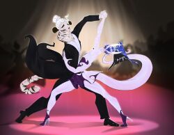  absurd_res anthro bisamon bisamon_(oc) black_body black_fur black_tie_(suit) blue_eyes blue_hair clothing coat dancing dragon dress felid female flexible footwear fur glistening glistening_clothing green_eyes hair hi_res high_heels hip_growth long_tail male mammal minidress multicolored_body multicolored_fur mythological_creature mythological_scalie mythology pantherine purple_body scalie shirt shoes suit tagme tail tailcoat teeth tiger topwear translucent translucent_clothing waltz_(dance) white_body white_clothing white_fur white_hair white_shirt white_topwear wings 