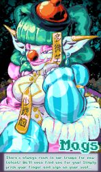  asian_mythology bangs bodypaint bottomwear checkered checkered_clothing chinese_mythology cleavage_cutout clothing clown clown_costume clown_makeup clown_nose cutout dancewear ear_jewelry ear_piercing east_asian_mythology face_paint falgaia female fulu guanmao hand_on_head hi_res hobgoblin humanoid jiangshi mags_(falgaia) mythology pants pattern_clothing piercing skirt sleeves smug speech_bubble striped_clothing stripes talisman tutu twintails undead 