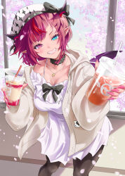  ando_raymond black_horns black_pantyhose black_wings blue_eyes breasts cardigan cherry_blossoms cowboy_shot cup dress female heterochromia highres holding holding_cup hololive hololive_english horns indoors irys_(hololive) medium_breasts multicolored_hair open_cardigan open_clothes pantyhose petals purple_eyes purple_hair red_hair short_hair single_bare_shoulder single_off_shoulder smile solo spaghetti_strap streaked_hair two-tone_hair virtual_youtuber white_dress white_wings wings 