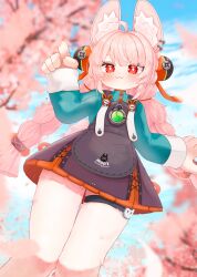 absurdres animal_ear_fluff animal_ear_piercing animal_ears blue_sky blush braid bright_pupils cherry_blossoms commentary falling_petals female furry furry_female green_shirt hair_ornament highres long_hair looking_at_viewer medallion myappi_artenya open_mouth outdoors petals pink_fur pink_hair pink_petals rabbit_ears rabbit_girl red_eyes shirt short_eyebrows sky solo thick_eyebrows tree twin_braids untranslatable_commentary white_pupils zenless_zone_zero zhao_(zenless_zone_zero) 