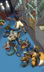  absurd_res anthro armor book bookshelf canid canine carpet chains clothed clothing crossdressing crossdressing_male cyrcas_nearles dagger destrustor domestic_cat dragon felid feline felis femboy fox furniture glass group hat headgear headwear hi_res hood ink inside library mace magic male mammal melee_weapon mythological_creature mythological_scalie mythology rapier scalie shiro_caecilius sword thong tolenn_raspex trio underwear weapon 