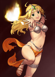  bikini bikini_top_only blonde_hair circlet commentary_request cosplay dancer&#039;s_costume_(dq) dragon_quest dragon_quest_iv feet female fire foreshortening green_eyes hands hoshii_miki idolmaster idolmaster_(classic) loincloth long_hair manya_(dq4) manya_(dq4)_(cosplay) pelvic_curtain pettan_p sandals solo swimsuit 