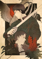  2boys bad_id bad_pixiv_id black_hair border disappear freckles highres jacket jean_kirstein leaf marco_bott multiple_boys ribs rott_ur shingeki_no_kyojin short_hair smile sword symbolism torn_clothes weapon wings 