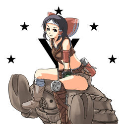  armband bandolier black_eyes black_hair bow commentary_request crop_top fallout_(series) fallout_3 female hairbow hakurei_reimu headband kani_(team_yukkuri) knife midriff mirelurk mr_kunimitsu photoshop_(medium) short_hair shorts sitting star_(symbol) team_yukkuri touhou yukkuri_reimu_(team_yukkuri) 