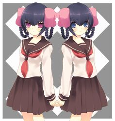  2girls ayukawa_tenri bad_id bad_pixiv_id black_hair blue_eyes brown_skirt diana_(kaminomi) dual_persona grey_background hair_rings holding_hands kami_nomi_zo_shiru_sekai long_sleeves looking_at_viewer multiple_girls neckerchief red_eyes sailor_collar school_uniform serafuku short_hair simple_background skirt tokira_nozumi 