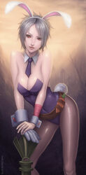  animal_ears bad_id bad_pixiv_id battle_bunny_riven breasts brown_eyes cleavage detached_collar fake_animal_ears female gloves grey_hair large_breasts league_of_legends leotard lips looking_at_viewer pantyhose photoshop_(medium) playboy_bunny rabbit_ears rabbit_tail riven_(league_of_legends) short_hair single_glove solo tail vasily_(run211) weapon wrist_cuffs 