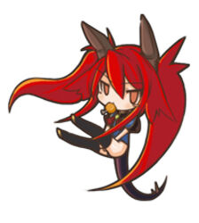  black_thighhighs blush_stickers chibi dragon_girl dragon_horns dragon_tail eating female food horns lowres nefarian onyxia orange_eyes personification red_hair ribbon simple_background solo tail thighhighs twintails warcraft white_background world_of_warcraft 