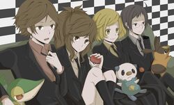  2boys 2girls ahoge bel_(pokemon) bell_(pokemon) black_(pokemon) black_hair blonde_hair bored brown_eyes brown_hair cheren_(pokemon) couch formal glasses long_hair mijumaru multiple_boys multiple_girls open_mouth oshawott pokabu poke_ball pokeball pokemon pokemon_(game) pokemon_black_and_white pokemon_bw ponytail short_hair sitting suit touko_(pokemon) touko_(pokemon) touya_(pokemon) tsutaaja yellow_eyes 