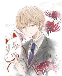  1boy bad_id bad_pixiv_id blonde_hair flower formal fox_mask holding kiben_gakuha_yotsuya-senpai_no_kaidan kudou_tadanobu male_focus mask necktie red_flower slit_pupils smile solo spider_lily string suit yellow_eyes yoiyoi 