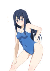  :&lt; bad_id bad_pixiv_id bare_shoulders black_hair blue_eyes blush breasts cleavage competition_school_swimsuit covered_navel female flying_sweatdrops gokukoku_no_brynhildr hand_on_leg hand_on_own_hip inui_sanagi kuroha_neko long_hair medium_breasts one-piece_swimsuit photoshop_(medium) school_swimsuit simple_background solo swimsuit white_background 