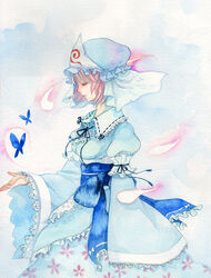  bad_id bad_pixiv_id breasts bug butterfly cherry_blossoms closed_eyes female hat highres japanese_clothes long_sleeves medium_breasts obi painting_(medium) petals pink_hair pinkxxxna ribbon saigyouji_yuyuko sash short_hair smile solo touhou traditional_media triangular_headpiece watercolor_(medium) wide_sleeves 