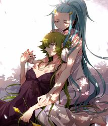  2girls arai_nobu barefoot black_dress blue_eyes blue_hair commentary_request dappled_sunlight dress gallia_(saint_seiya_omega) gemini_paradox green_hair holding_hands long_hair multiple_girls off_shoulder petals pink_eyes ponytail saint_seiya saint_seiya_omega sunlight sword very_long_hair weapon white_dress yuri 