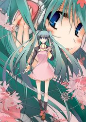  :3 alternate_costume aqua_hair blue_eyes blush cable commentary_request dress female flower frills hatsune_miku headphones headset long_hair multiple_views open_mouth orokanahime photoshop_(medium) socks very_long_hair vocaloid 