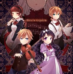  2boys 3girls accent_mark arms_behind_back bad_id bad_pixiv_id beamed_eighth_notes black_hair blonde_hair blue_eyes bow bow_(music) braid brothers brown_eyes brown_hair charlotte_(chloe_no_requiem) chloe_ardenne chloe_no_requiem dress drill_hair dual_persona hairband hairbow heterochromia highres instrument maid michel_d&#039;alembert multiple_boys multiple_girls musical_note pierre_d&#039;alembert pink_eyes ponytail quarter_note quarter_rest sakura_yuki_(clochette) sharp_sign sheet_music siblings smile spoilers staff_(music) suspenders twins violin 