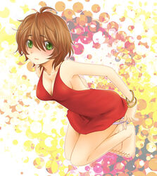  bare_shoulders barefoot blush bracelets breasts brief_(character) brown_hair cleavage costume_switch freckles green_eyes panties panty_&amp;_stocking_with_garterbelt panty_(cosplay) red_dress rule_63 short_hair smile solo underwear 