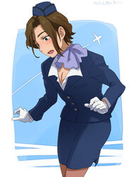  1boy @@@ bad_id bad_pixiv_id blush brown_hair crossdressing formal gloves green_eyes gundam gundam_build_fighters hat jacket male_focus pantyhose pencil_skirt scarf skirt skirt_suit solo suit sweat travel_attendant white_gloves yuuki_tatsuya_(gundam_bf) 