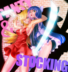  2girls armpits bare_shoulders blonde_hair blue_eyes bracelet breasts commentary_request dress green_eyes grin hair_ribbon hei_(heiyohei) highres hug jewelry large_breasts long_hair multiple_girls open_mouth panty_&amp;_stocking_with_garterbelt panty_(psg) purple_hair red_dress ribbon short_dress siblings sisters smile stocking_(psg) sword wall weapon 