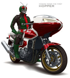  1boy antennae commentary_request cyclone_(kamen_rider) dias_(tajima_kouki) highres kamen_rider kamen_rider_2 kamen_rider_the_first male_focus motor_vehicle motorcycle photoshop_(medium) scarf solo 