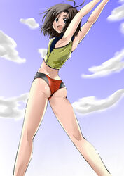  ass bad_id bad_pixiv_id black_eyes black_hair feet_out_of_frame female idolmaster idolmaster_(classic) idolmaster_2 kikuchi_makoto kneepits looking_back ryuunagi_hyouga short_hair solo sports_bikini stretching swimsuit 