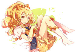  blonde_hair boots bow bowtie brooch commentary_request cure_honey female frills full_body hairbow happinesscharge_precure! highres jewelry knee_boots long_hair magical_girl nishigyou_teraa oomori_yuuko photoshop_(medium) precure ribbon skirt smile solo wide_ponytail wrist_cuffs yellow_eyes yellow_skirt 