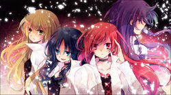  4girls black_choker black_shirt blonde_hair blue_eyes blue_hair choker collared_shirt commentary_request cure_blossom_mirage cure_marine_mirage cure_moonlight_mirage cure_sunshine_mirage dark_persona falling_petals hair_between_eyes heartcatch_precure! kokonoe_miya long_hair magical_girl mirage_precure multiple_girls parted_bangs petals photoshop_(medium) precure purple_eyes purple_hair red_eyes red_hair shirt swept_bangs yellow_eyes 