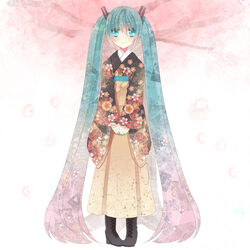  aqua_eyes aqua_hair aqua_nails black_footwear boots cherry_blossoms commentary_request cross-laced_footwear female floral_print full_body gradient_hair hakama hakama_skirt hatsune_miku highres japanese_clothes kimono lace-up_boots long_hair looking_at_viewer meiji_schoolgirl_uniform multicolored_hair nail_polish orange_hakama pigeon-toed sana-m skirt smile solo standing twintails very_long_hair vocaloid 