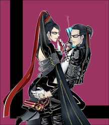  1boy ass ass_grab bayonetta bayonetta_(series) bayonetta_1 black_hair candy cigarette commentary_request dual_persona female fingerless_gloves food genderswap_(ftm) glasses gloves gun lollipop long_hair mole mole_under_mouth ribbon rule_63 shiemasu smoking straight weapon 